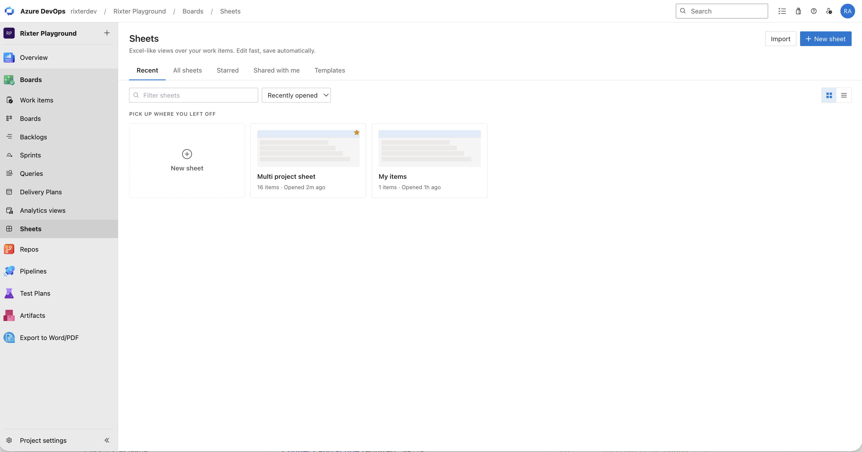 Work Item Sheets landing page — saved sheets overview